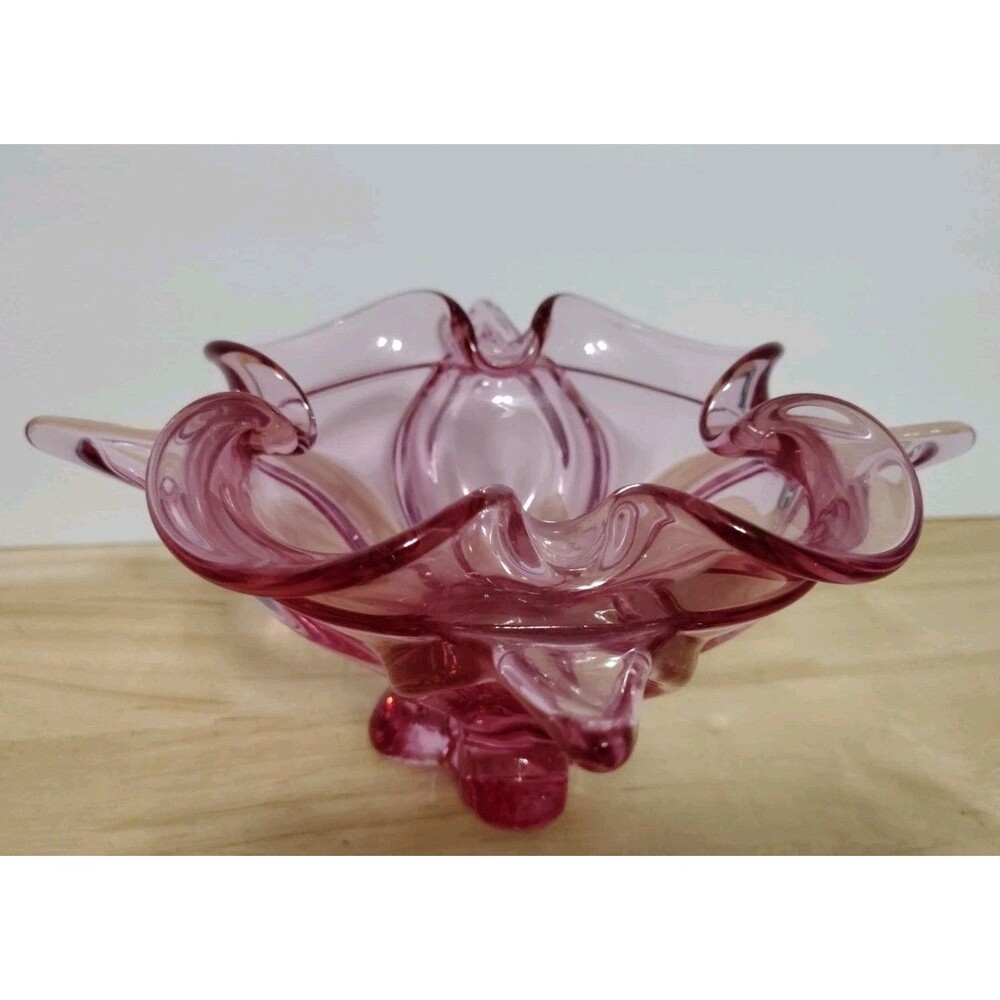 VIKING GLASS THISTLE PINK EPIC 4 POINTS FOILS POINTED & CRIMPED BOWL DECOR 1960s